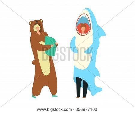Party Costumes People Dressed In Onesies Representing Bear And Shark Characters Flat Cartoon Vector 
