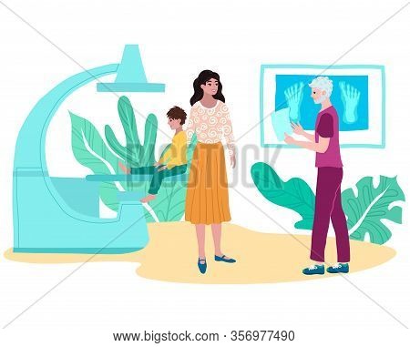 X-ray Fracture Patient Injured Boy With Mother, Doctor Traumatologist Look At Picture With Limb Cart