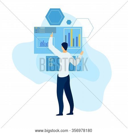 Man On Background Graph And Chart. Analysis Graph. Man Analyzes Information. Technology And Design. 