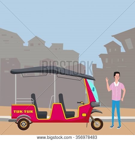 Tuk Tuk Asian Auto Rickshaw Three Wheeler Tricycle With Local Driver. Background City Urban Street T