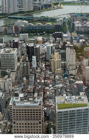 Tokyo, Japan - August 30, 2016: Aerial View Of Tokyo Residential Suburb With Residential And Commerc