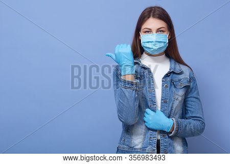 Image Of Brunette Caucasian Woman With Long Hair, Wearing Medical Face Mask And Disposable Gloves Po