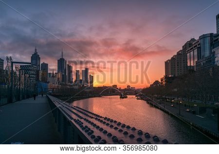Melbourne Cityscape At Sunrise With Melbourne Cbd Skyscrapers And Southbank Commercial Buildings