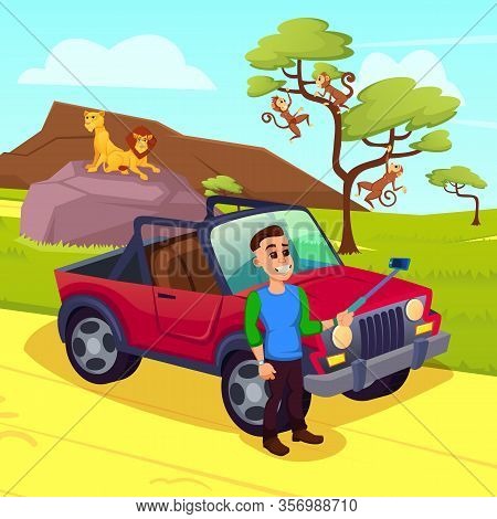 African Safari. Young Man With Big White Toothy Smile With Smartphone On Selfie Stick, Making Photo 