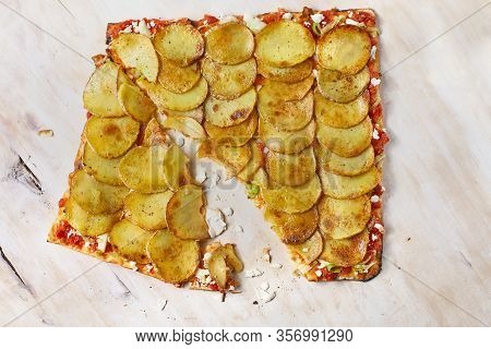 Tart Flambe Or Flammkuchen On Wooden Cutting Board, Traditional Alsatian Pie, Rustic Style, Top View