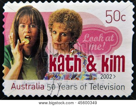 A stamp printed by Australia dedicated to to 50 years of Australian television shows Kath & Kim
