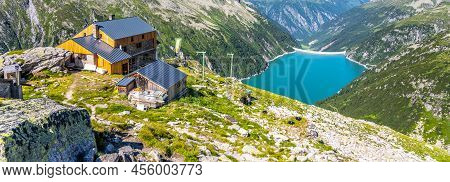 Alpine Walley With Plauener Hut And Azure Blue Water Of Speicher Zillergrundl Dam, Zillertal Alps, A