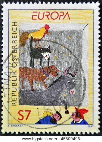 AUSTRIA - CIRCA 1997: A stamp printed in Austria shows cartoon drawing of trotamusicos circa 1997