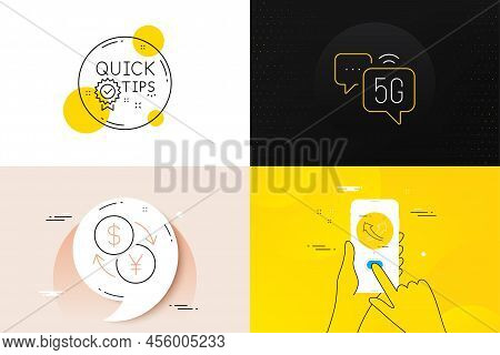Minimal Set Of 5g Internet, Currency Exchange And Intersection Arrows Line Icons. Phone Screen, Quot