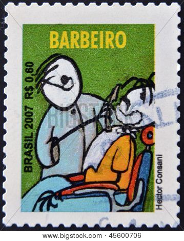 Et frimærke, trykt i Brasilien viser barber barbering kunde