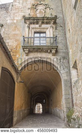 Marquis Of Mirabel Palace Plateresque Balcony, Plasencia, Spain. Medieval Street At Old Town