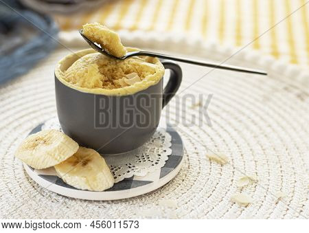 Mini Cake. Breakfast In A Mug. Homemade Portioned Banana Mugcake In Small Mugs.