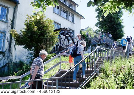 Neuhausen Am Rheinfall, Switherland - May 26, 2022: Tourists At Rheinfall Observation Deck On May 26