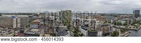 Antwerp, Belgium, June 2022: Wide Panorama View Over Eilandje Skyline In Antwerp, Belgium