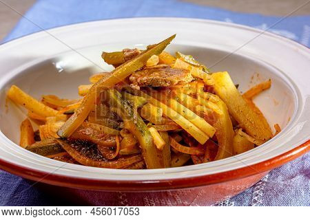 Azu - Traditional Tatar Stew. Beef Meat Stew With Vegetables And Pickles On A Black Background, Sele