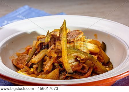 Azu - Traditional Tatar Stew. Beef Meat Stew With Vegetables And Pickles On A Black Background, Sele