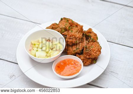 Fish Cakes On White Plate , Fried Fish Paste Balls With Sauce - Asian Thai Food
