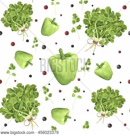 Fresh Coriander, Bell Pepper, Pepper Seamless Pattern On White. Watercolor Hand Drawing Illustration
