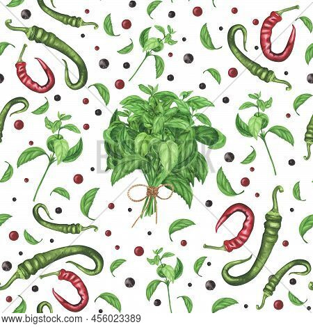 Red, Green Hot Chili Pepper, Basil Seamless Pattern On White. Watercolor Hand Drawing Illustration.