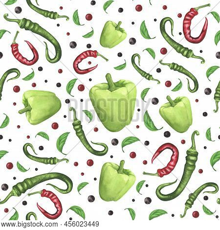 Hot Chili Pepper, Bell Pepper, Basil Seamless Pattern On White. Watercolor Hand Drawing Illustration