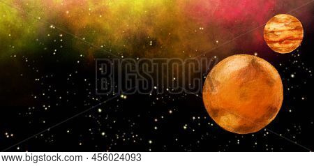 Space Universe Planet Floating In Starry Andomedra Solar System Hand Drawn Illustration