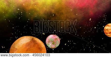 Space Universe Planet Floating In Starry Andomedra Solar System Hand Drawn Illustration