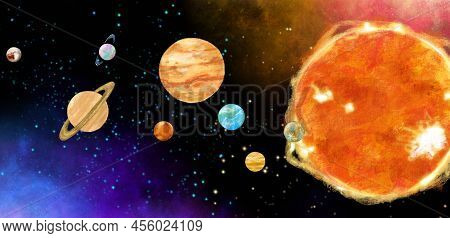 Space Universe Planet Floating In Starry Andomedra Solar System Hand Drawn Illustration