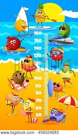Kids Height Chart With Cartoon Fruits On Beach. Vector Growth Meter Or Stadiometer Ruler With Tropic