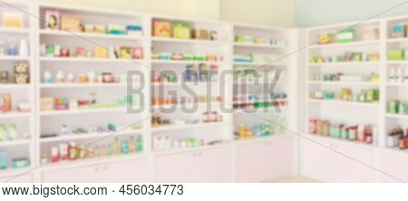 Pharmacy Drugstore Blur Abstract Backbround With Medicine And Healthcare Product On Shelves