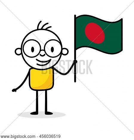 Man Holding Flag Of Bangladesh Isolated On White Background. Hand Drawn Doodle Line Art Man. Concept