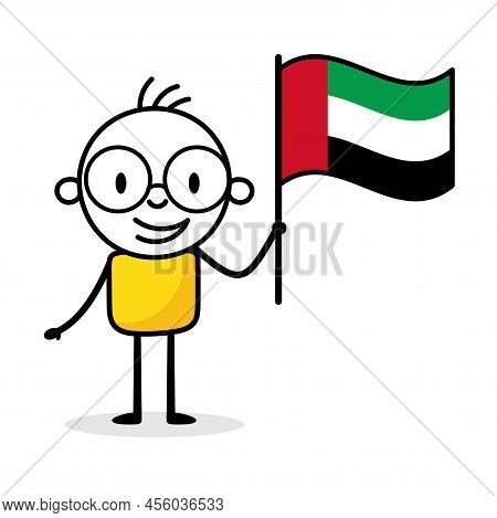 Man Holding Flag Of United Arab Emirates Isolated On White Background. Hand Drawn Doodle Line Art Ma