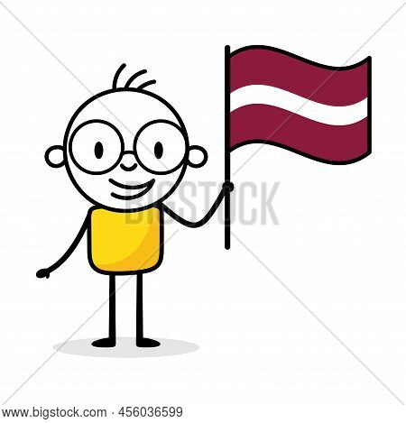 Man Holding Flag Of Latvia Isolated On White Background. Hand Drawn Doodle Line Art Man. Concept Of 