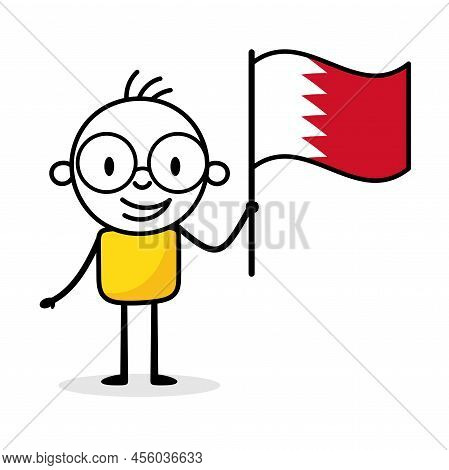 Man Holding Flag Of Bahrain Isolated On White Background. Hand Drawn Doodle Line Art Man. Concept Of