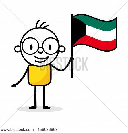 Man Holding Flag Of Kuwait Isolated On White Background. Hand Drawn Doodle Line Art Man. Concept Of 