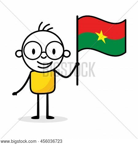 Man Holding Flag Of Burkina Faso Isolated On White Background. Hand Drawn Doodle Line Art Man. Conce