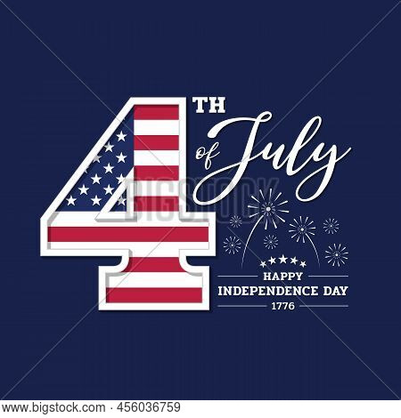 4th Of July And Happy Usa Independence Day - Four Number With American Flag Texture On Dark Blue Bac