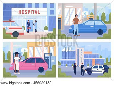 Urban Services For Citizens Flat Color Vector Illustration Set. City Infrastructure. Fully Editable 