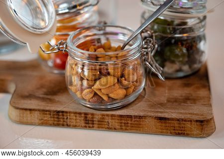 Glass Jars With Healthy Party Snacks Served In Bar, Tasty Appetisers