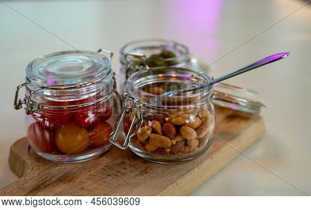 Glass Jars With Healthy Party Snacks Served In Bar, Tasty Appetisers