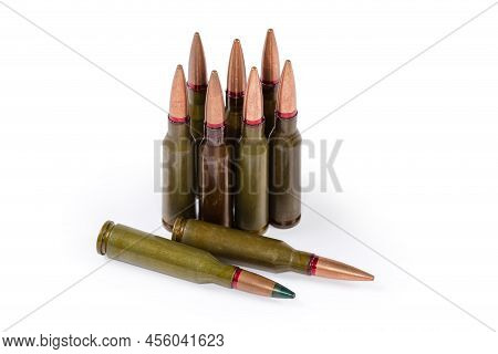 Different Service Cartridges For Assault Rifle On A White Background, Close-up In Selective Focus