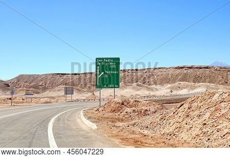 Road Sign For The Town Of San Pedro De Atacama And Toconao In Northern Region Of Chile, South Americ