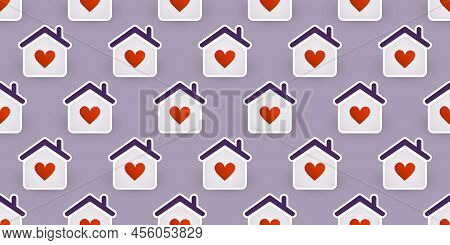 Rows Of Purple Home Icons, Lots Of Building Shapes - Seamless Houses Texture With Red Hearts - Vecto
