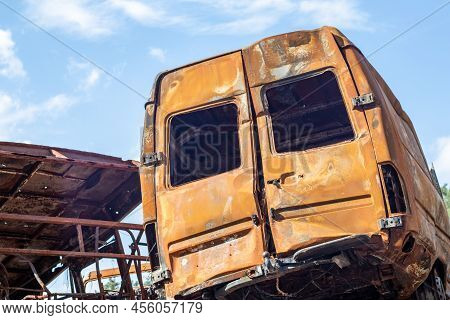 A Lot Of Rusty Burnt Cars In Irpen, After Being Shot By The Russian Military. Russia's War Against U