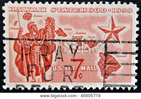 A stamp printed in USA shows Alii Warrior Map of Hawaii and Star of Statehood