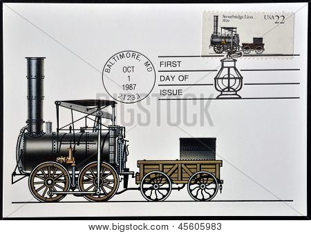 Eine Briefmarke gedruckt in USA zeigt Lokomotive Stourbridge Löwe