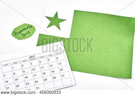Esperanto Day Concept. Month Calendar On White Background. Green And White Flag With Star.