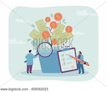 Tiny Investors Learning Money Plant Growth. People Holding Magnifying Glass, Pen And List Flat Vecto
