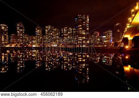 Cambie Bridge And Yaletown Lights Vancouver. The View Of Yaletown Across False Creek At Night Framed