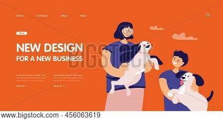 Mother And Son Holding Cute Dogs. Parent And Child Spending Time With Pets, Patting Them And Playing
