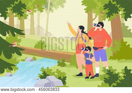 Family Watching Birds With Binoculars In Forest. Group Of People Observing Birds In Park Flat Vector